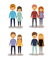 winter clothes with couples with sweaters one with wool cap and some women with gloves colorful silhouette in white background