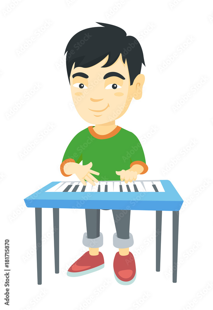 Poster little asian boy playing the piano. full length of smiling boy standing near the piano. vector sketc