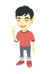 Asian boy showing victory gesture. Full length of little boy showing victory sign with two fingers. Vector sketch cartoon illustration isolated on white background.