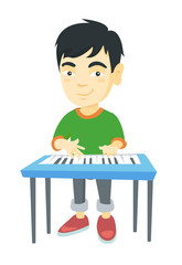 Little asian boy playing the piano. Full length of smiling boy  standing near the piano. Vector sketch cartoon illustration isolated on white background.