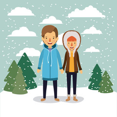 Fototapeta premium winter people background with couple in colorful landscape with pine trees and snow falling and him with coat and her with hooded coat
