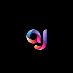 Initial lowercase letter aj, curve rounded logo, gradient vibrant colorful glossy colors on black background
