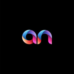 Initial lowercase letter an, curve rounded logo, gradient vibrant colorful glossy colors on black background