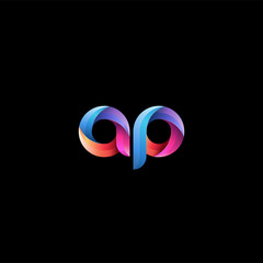 Initial lowercase letter ap, curve rounded logo, gradient vibrant colorful glossy colors on black background