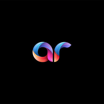Initial lowercase letter ar, curve rounded logo, gradient vibrant colorful glossy colors on black background
