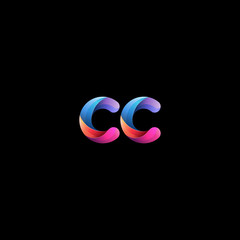 Initial lowercase letter cc, curve rounded logo, gradient vibrant colorful glossy colors on black background