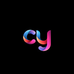 Initial lowercase letter cy, curve rounded logo, gradient vibrant colorful glossy colors on black background