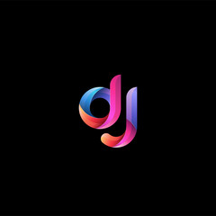 Initial lowercase letter dj, curve rounded logo, gradient vibrant colorful glossy colors on black background