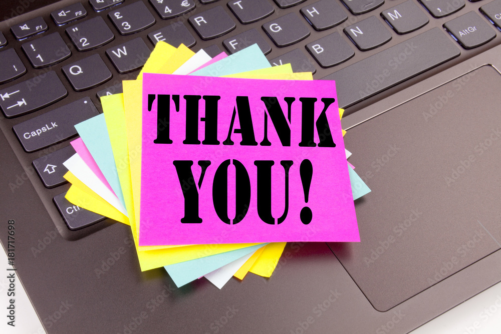 Fototapete writing thank you text made in the office close-up on laptop computer keyboard. business concept for