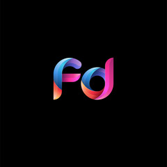 Initial lowercase letter fd, curve rounded logo, gradient vibrant colorful glossy colors on black background