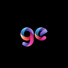 Initial lowercase letter ge, curve rounded logo, gradient vibrant colorful glossy colors on black background