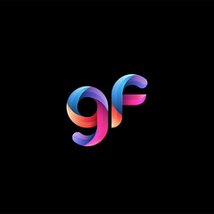 Initial lowercase letter gf, curve rounded logo, gradient vibrant colorful glossy colors on black background