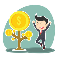 Businessman happy his coin tree grow– stock illustration