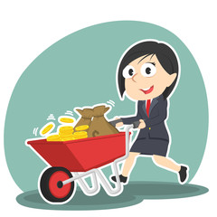 Businesswoman pushing wheelbarrow full of coins– stock illustration
