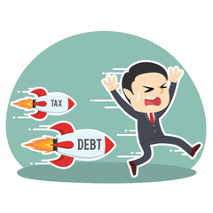 Businessman being chased by tax debt rocket– stock illustration