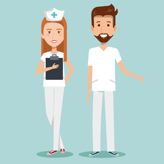Obraz premium Man and woman nurses over blue background vector illustration