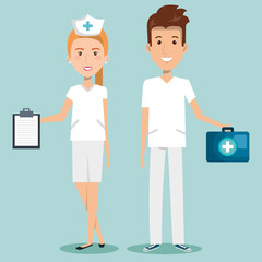 Man and woman nurses over blue background vector illustration