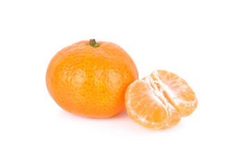 whole and peeled fresh Tangerine or Mandarin orange on white background