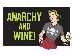 Anarchy and Wine Punk Rock Housewife Vector Design
Retro housewife illustration wearing punk rock clothes and drinking wine.