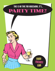 Party Time Retro Housewife Party Invitation
Vector Design Template with vintage style graphics featuring retro woman drinking wine. Just add your party details!