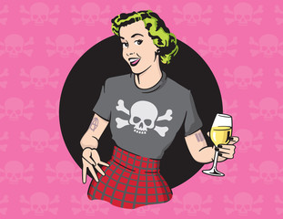 Retro Style Punk Rock Housewife Vector Design
Retro housewife illustration wearing punk rock clothes and drinking wine on skull and cross bones background.
