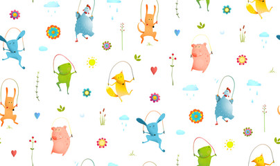 Funny animals jumping, playing outside pattern transparent background. Vector cartoon. © Popmarleo