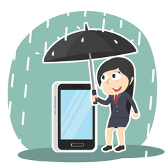 Businesswoman protecting her phone with umbrella– stock illustration