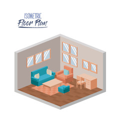 isometric floor plan of living room with couch and armchair and wooden furniture in colorful silhouette