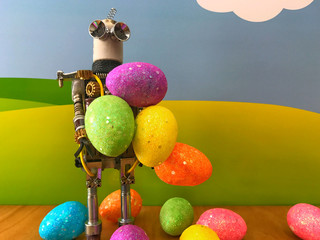 Robot standing front of background with green hills and blue sky. Colorful easter eggs with glitter.