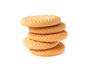Biscuits, A stack of delicious wheat round biscuits with a few crumbs isolated on white, Fresh cookies, Dry cracker cookies isolated