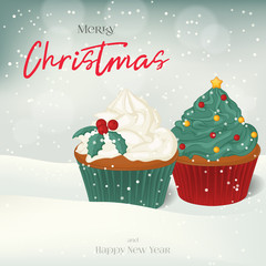 Christmas greeting card, background, poster with sweet cupcakes in the snow. Winter scene. Vector illustration for Holiday Collection.
