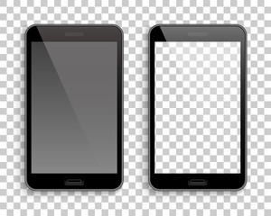 Two phones mockup transparent background. Two modern cells, one with transparent screen and with usual touch pad another, vertical. Vector illustration isolated