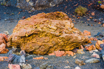 Fragment volcanic landscape in the crater of El Cuervo volcano. Lanzarote. Canary Islands. Spain