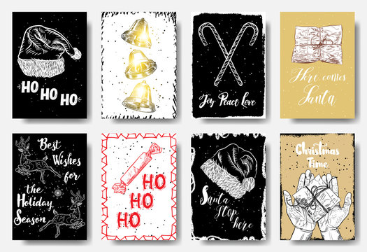 Christmas hand drawn cards with calligraphy ho ho ho, Joy Peace Love, Here Comes Santa, Best Wishes for the Holiday Season, Santa Stop Here, Christmas Time. Vector.