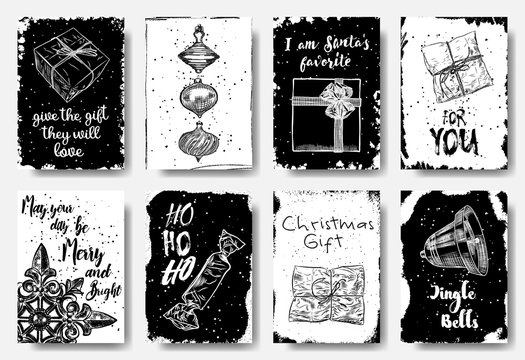 Set of 8 creative holiday cards. Christmas posters. Templates for greeting, congratulations, invitations, magazine. Gifts they will love,  I am Santa's Favorite, Merry and Bright, HO HO HO, Vector.