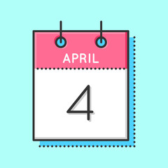 April Calendar Icon. Flat and thin line vector illustration. Spring calendar sheet on light blue background. April 4th. Web master day