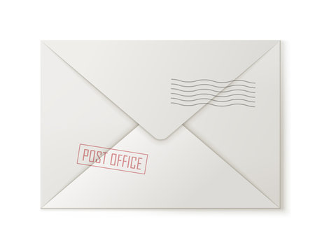 Post envelope, back, isolated. Postal closed missive with address, stamp and mark. Realistic vector illustration of letter, invitation, congratulation