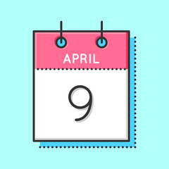 April Calendar Icon. Flat and thin line vector illustration. Spring calendar sheet on light blue background. April 9th