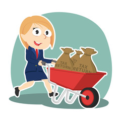 Businesswoman carrying tax returns in wheelbarrow– stock illustration