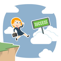 Businesswoman jump from cliff edge to success cloud– stock illustration