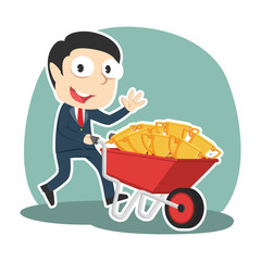 Businessman carrying trophies on wheelbarrow– stock illustration