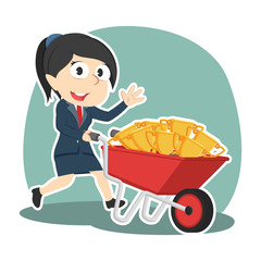 Businesswoman carrying trophies on wheelbarrow– stock illustration