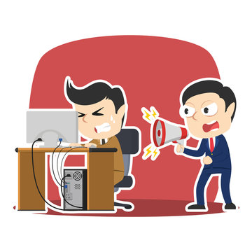 Businessman yelling to his stressed employee– stock illustration