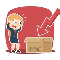 Businesswoman panic see downward graph to the box– stock illustration