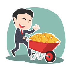Asian businessman carrying trophies on wheelbarrow– stock illustration