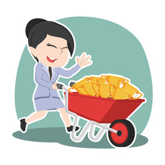Asian businesswoman carrying trophies on wheelbarrow– stock illustration