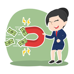 Asian businesswoman using magnet to attract moneys– stock illustration