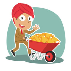 Indian businessman carrying trophies on wheelbarrow– stock illustration