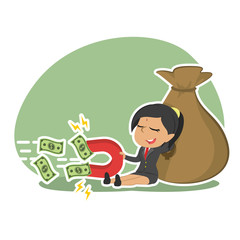 Relaxing indian businesswoman use magnet to attract moneys– stock illustration