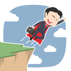 Super asian businessman taking flight from cliff edge– stock illustration